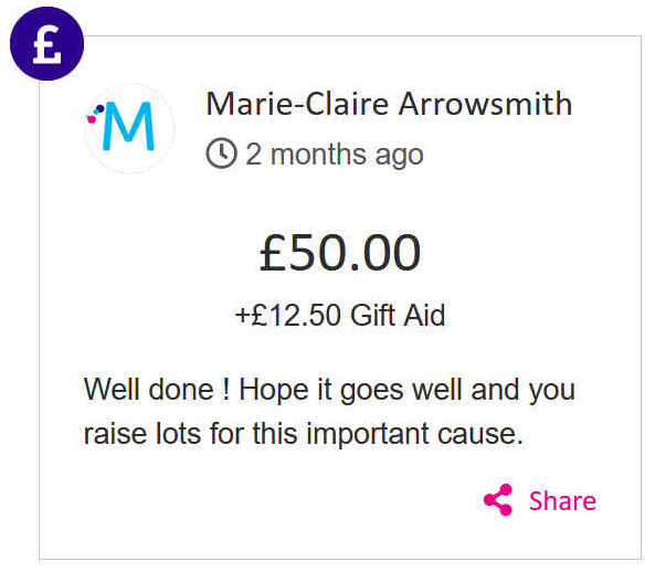 Marie-Claire Arrowsmith gave £50 to Jill Finn's race for life