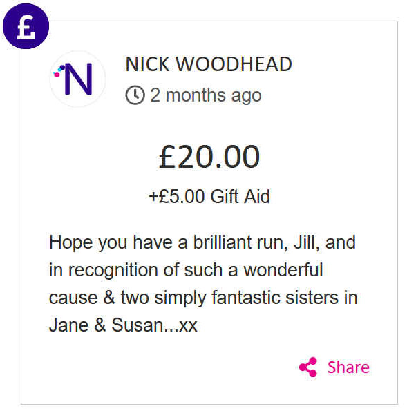 Nick Woodhead gave £20 to Jill Finn's race for life