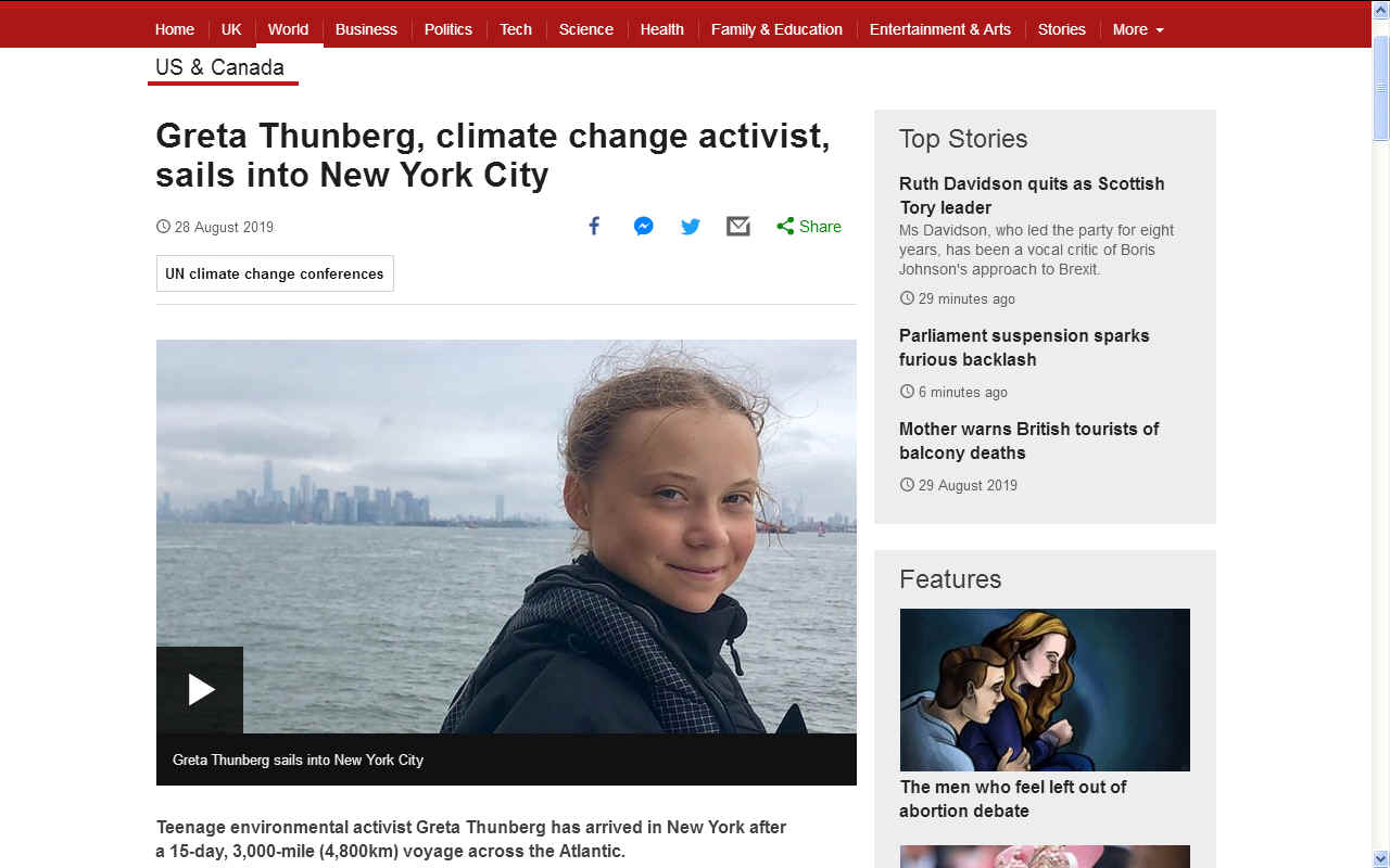 BBC news August 28 2019, Greta Thunberg makes it to New York